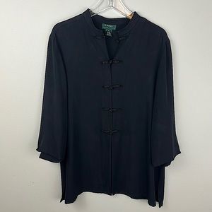 Ralph Lauren 100% Silk 3/4 Sleeve Tunic with Chinese Knot Buttons, Black, Sz XL